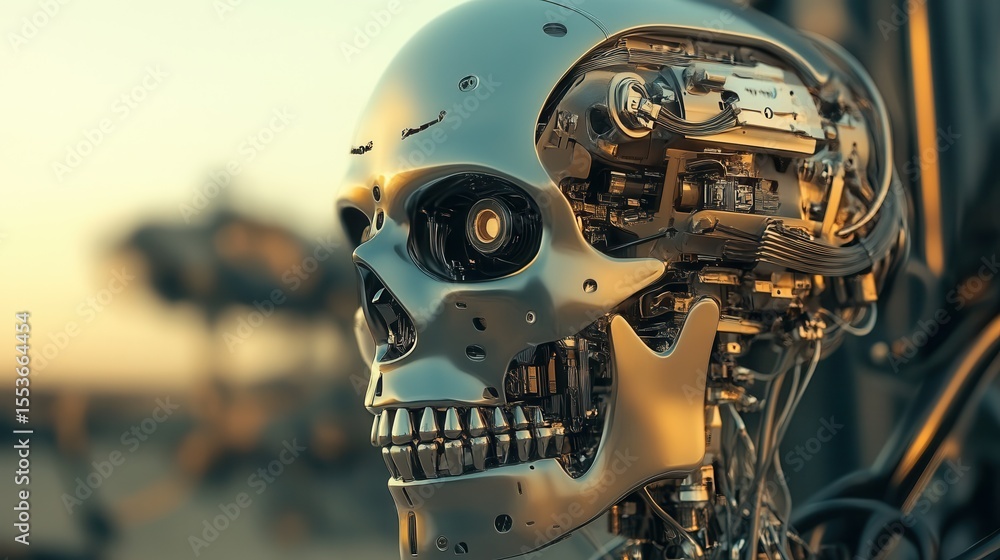 Poster robotic skull design showcases intricate mechanical features in futuristic setting