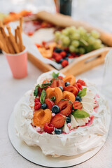 Whipped cream pavlova cake with berries and apricots on white base, surrounded by picnic treats.	Focus on rich texture of cream, juicy fruits, mint garnish and delicate pink candy balls topping 