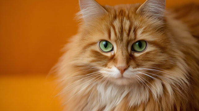 A fluffy ginger cat with piercing green eyes sits alertly against a vibrant orange background. Its fur appears soft and plush, and its gaze adds a sense of curiosity and charm. international day cat - Powered by Adobe
