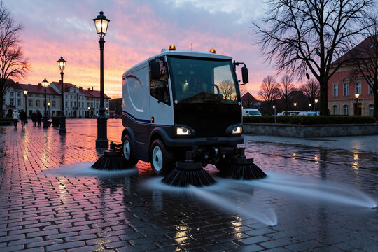 Municipal street sweeper vehicle with rotating brushes cleaning a wet cobblestone town square at dusk, providing essential public cleaning and urban maintenance services