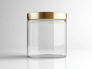 Clear empty glass jar with a beautiful shining gold lid stands perfectly centered on a clean white reflective surface.