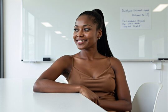 beautiful young Black woman smiles thoughtfully while sitting at a table in a bright classroom or modern office, looking away with a positive and engaged expression - Powered by Adobe