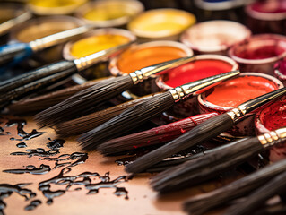 Detail of a sorted color spectrum set of Chinese calligraphy inks and calligraphy brushes.