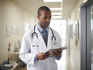 A doctor in a hospital corridor reads a medical report and is thoughtful. and caring.