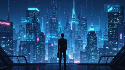 Man in suit gazes at futuristic neon cityscape with digital data overlays under a starry night sky
