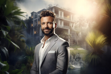 Smiling real estate agent showing new house in city.