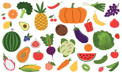 Fruits and vegetables collection. Illustration in flat style
