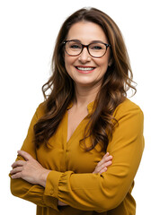 Charming Middle-Aged Caucasian Woman in Stylish Mustard Blouse with Folded Arms Isolated on PNG background.