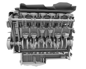 V12 Cutaway Car Engine Sectioned in Clay Style Render on White Background 3D Rendering
