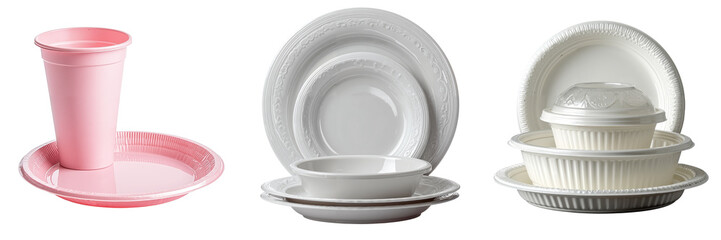Plastic tableware for picnic on a transparent background, elegant and practical design, set