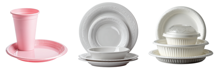 Plastic tableware for picnic on a transparent background, elegant and practical design, set