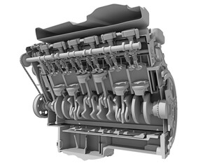 V12 Cutaway Car Engine Sectioned in Clay Style Render on White Background 3D Rendering