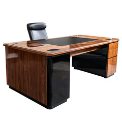 Executive L-shape desk with walnut finish and return unit on right side, luxurious business look on transparent background
