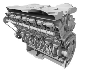V12 Cutaway Car Engine Sectioned in Clay Style Render on White Background 3D Rendering