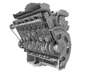 V12 Cutaway Car Engine Sectioned in Clay Style Render on White Background 3D Rendering