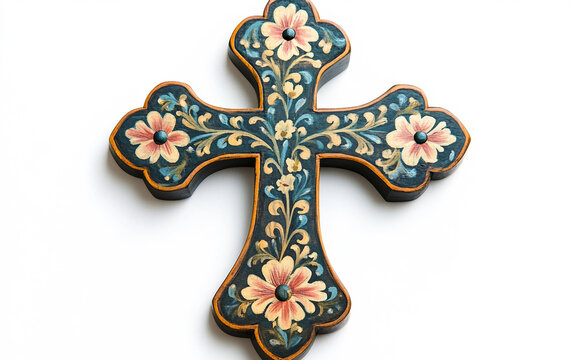 Exquisite wooden Orthodox cross adorned with hand-painted floral elements. Generative AI.