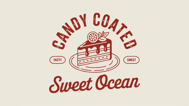 Vintage-style red ink logo of a layered cake with chocolate drizzle, fruit garnish, and retro text elements on a cream background