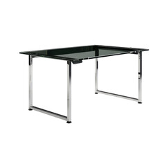 L-shaped glass-top desk with silver frame and no objects, sleek and modern design on transparent background