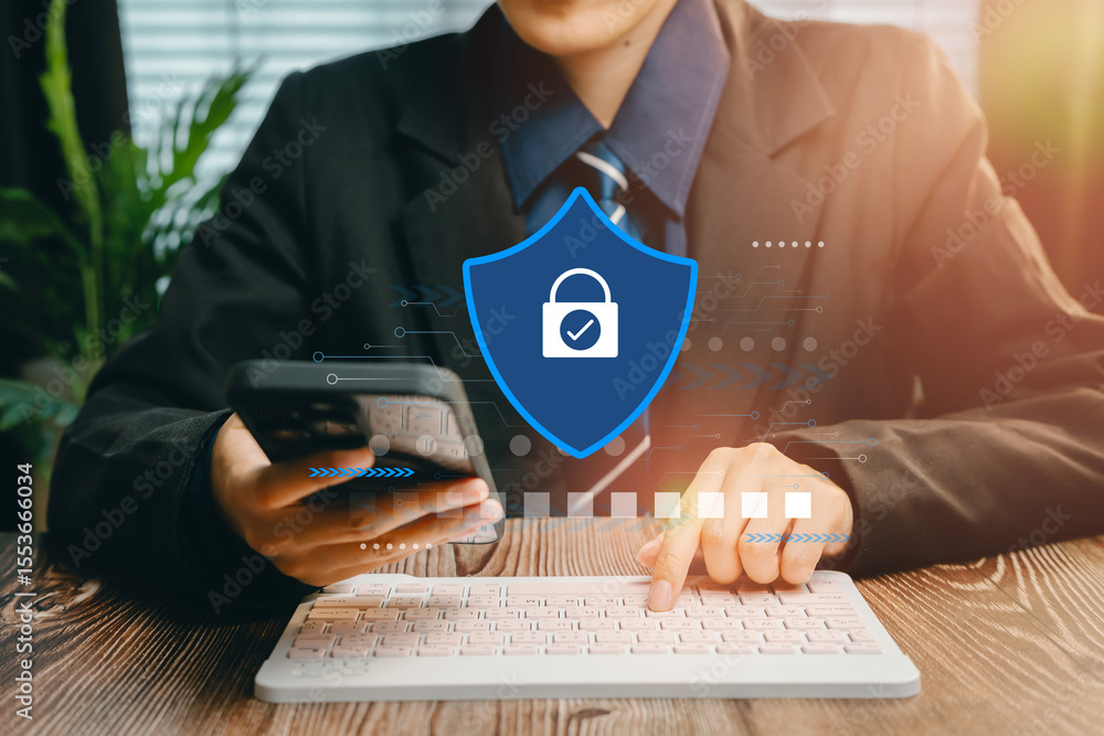Poster cybersecurity concept. business professional using smartphone with shield and lock symbol representi