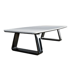 Long rectangular conference table with minimalist style and metal legs, designed for formal meetings on transparent background