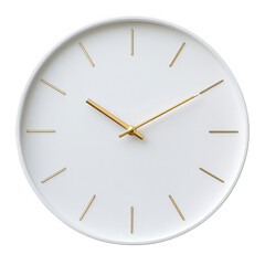 Minimalist white wall clock with gold hands and hour markers isolated on transparent background
