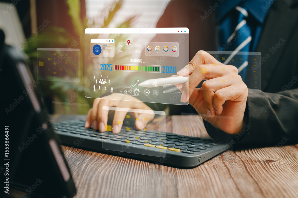 Poster analyzing data. businessman engaging with futuristic digital interface while analyzing data trends o