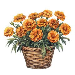 A Marigold Flower Basket, watercolor painting vector, isolated on a white background.