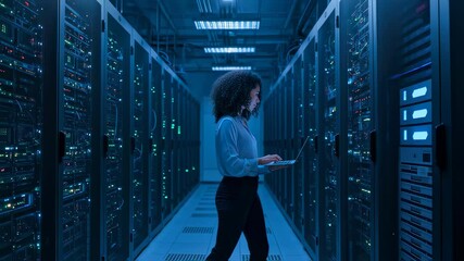 Technician analyzing data in advanced server room environment