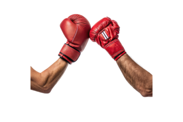 Two red boxing gloves held up facing each other isolated on transparent background