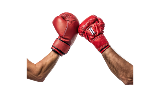 Two red boxing gloves held up facing each other isolated on transparent background