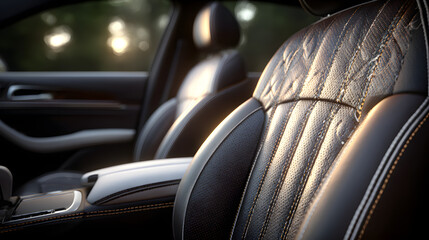 White and black leather car seat with elegant stitching creating a luxurious and comfortable interior, perfect for showcasing automotive design and craftsmanship