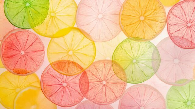 Vibrant citrus slices translucent pattern with shifting colors and light