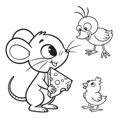 Mouse, Frog, and Chick a tiny mouse holding cheese