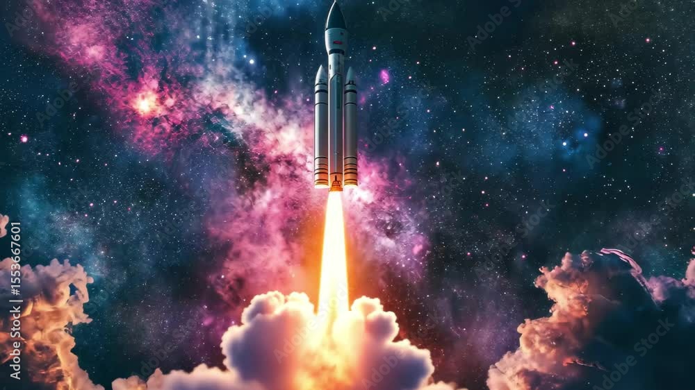 Poster rocket launch creating dynamic clouds against a vibrant space galaxy backdrop, rocket launch on spac