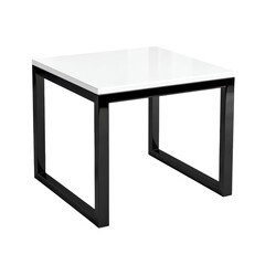Single white square desk with minimal black metal frame and no objects on transparent background
