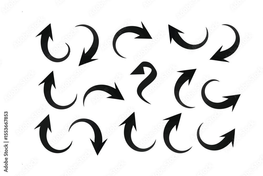 Poster direction and guidance: a collection of various curved and pointed arrows, perfect for illustrating 