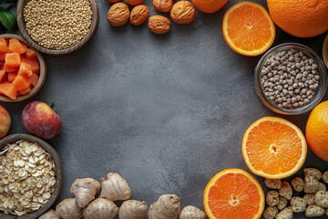 Assorted whole vegan foods and ingredients arranged in frame layout