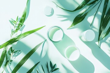 Glass skincare jars with tropical leaves and shadows on mint surface – daily seaweed facial mask