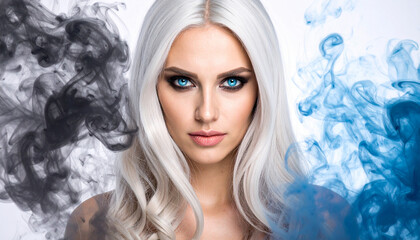 Stunning Woman with Platinum Blonde Hair and Striking Blue Eyes Amidst Blue and Gray Smoke