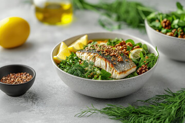 Grilled fish fillet with greens, lemon, and flax seeds