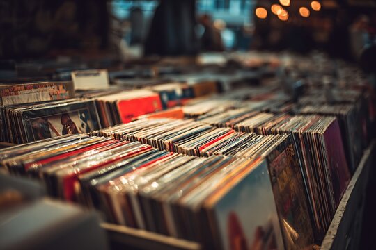 Rows of vintage vinyl records displayed in a store with bokeh lights in the background