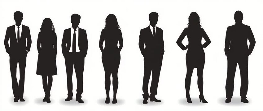 Silhouette of seven business people standing in formal attire.