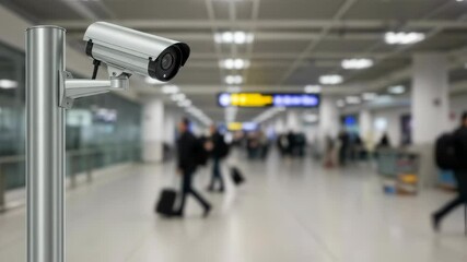 Surveillance camera observes busy airport walkway with passing travelers