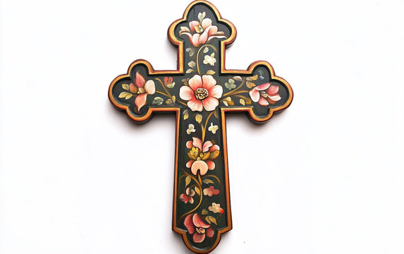 Classic wooden Orthodox cross featuring ornate floral artistic embellishments. Generative AI.