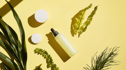 Skincare dropper bottle and cream jars with tropical leaves – daily seaweed facial mask