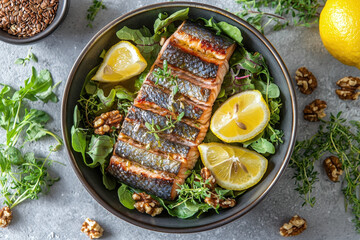 Grilled salmon salad with lemon, walnuts and microgreens