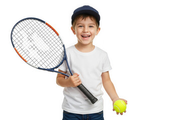 A smiling boy holds a tennis racquet and ball isolated on transparent background