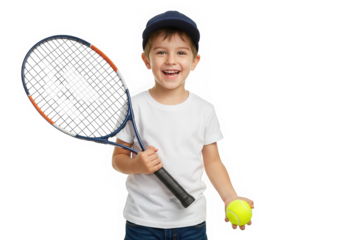 A smiling boy holds a tennis racquet and ball isolated on transparent background