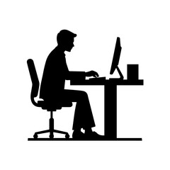 A black and white silhouette of a businessman seated at a desk, working on a computer.