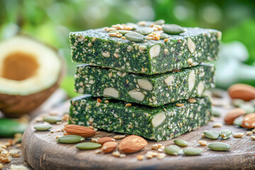 Stack of green spirulina energy bars with nuts and seeds